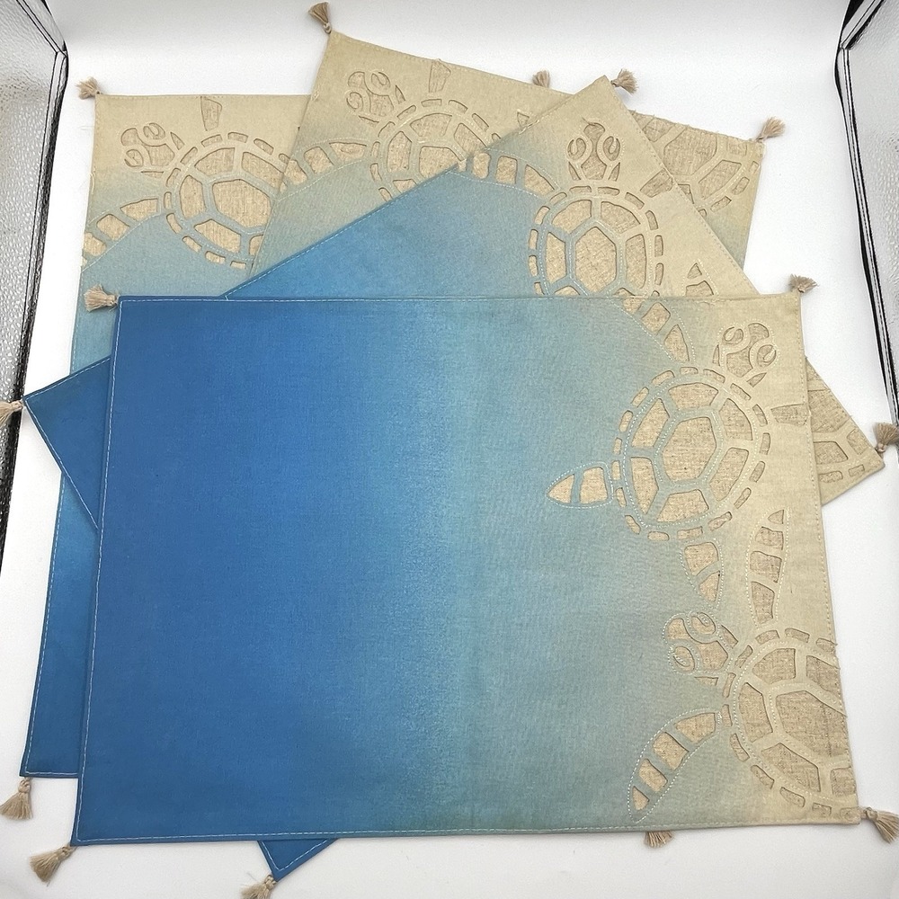 Set of 4 Sea Turtle Placemats Blue Coastal Beach Nautical Tassels 17.75" x 13"